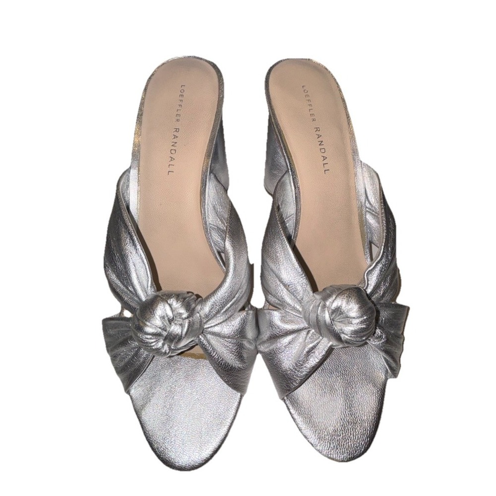 Loeffler Randall Coco High Heel Knotted‎ Metallic Leather Mules Silver Size 10B